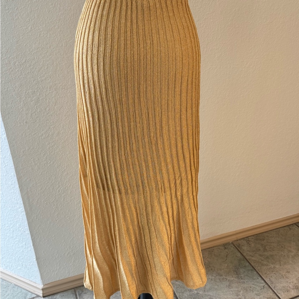 Sandro Paris Metallic Gold Pleated Midi Skirt Size 4‎ FR36 Shimmer Party Holiday - Picture 6 of 8